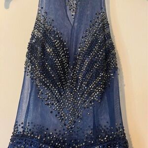 Navy Blue Crystal-Embellished Backless Dress